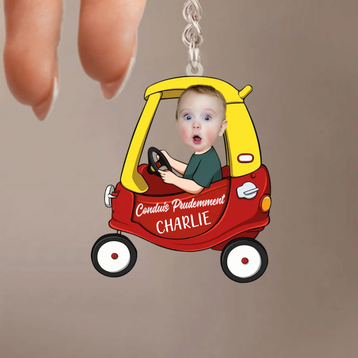 Porte-clés « Conduis prudemment » avec photo et prénom personnalisé