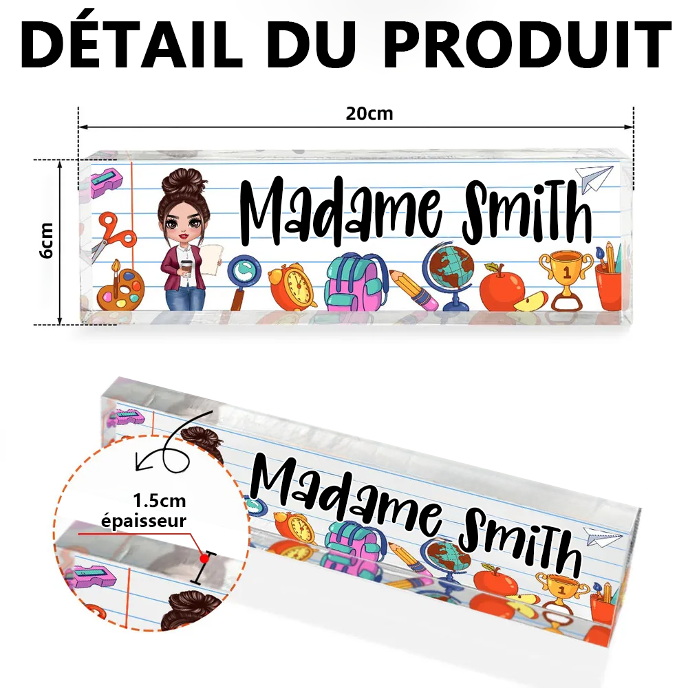 Plaque de bureau en acrylique personnalisée – Motifs scolaires pour enseignantes