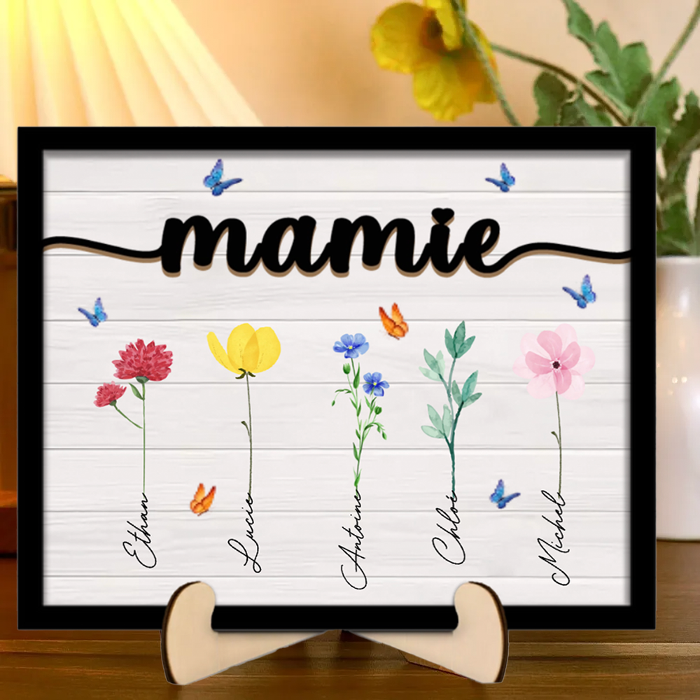 Tableau en bois personnalisé avec fleurs et noms pour grand-mère, grand-père, maman et papa
