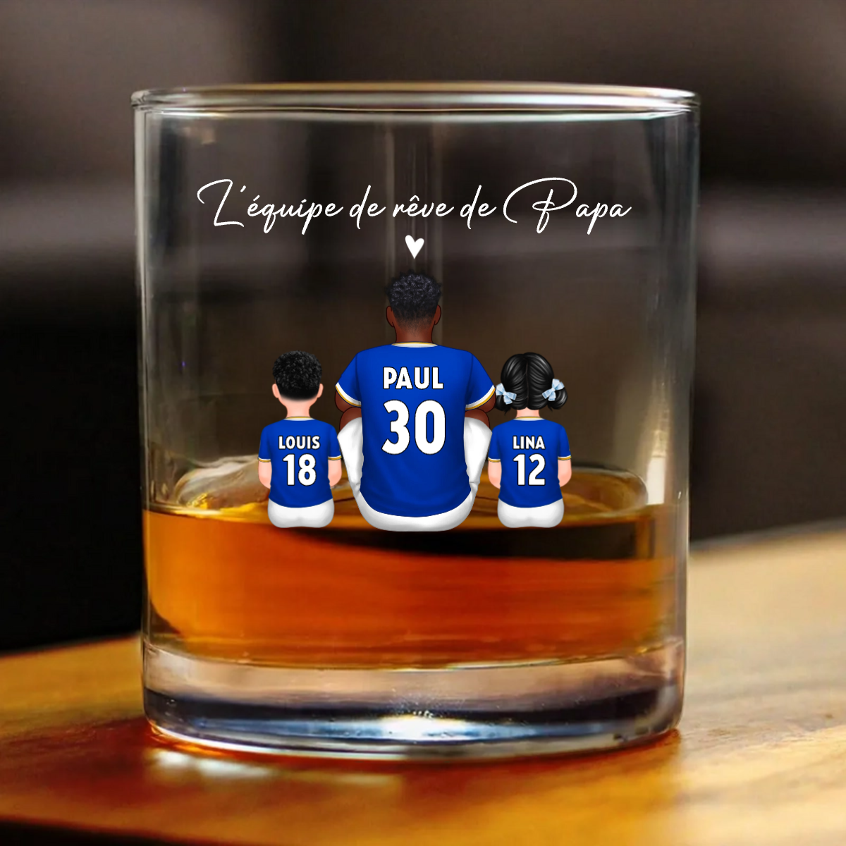 L’équipe de foot de Papa – Verre à whisky personnalisé avec 2 à 5 personnages, cadeau pour papa