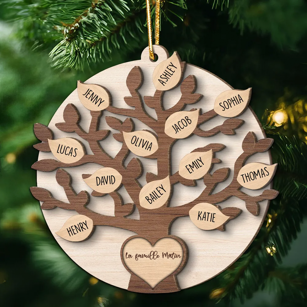 Ornement de Noël en bois - Décoration de sapin en forme d'arbre généalogique familial