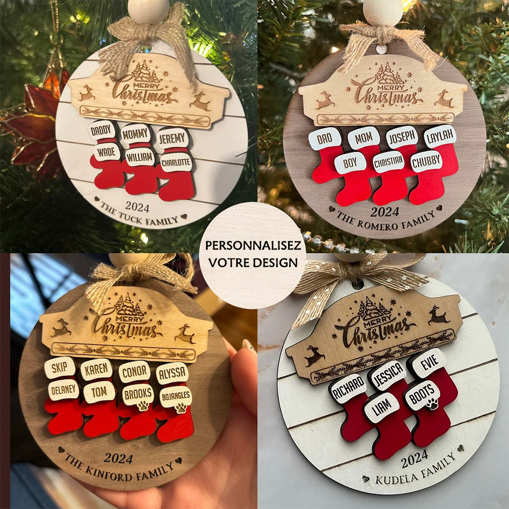 Ornement de Noël en bois avec 1 à 10 noms - Design de chaussettes de Noël