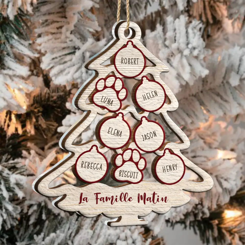 Arbre de famille avec icône d'animal de Noël – Ornement mixte personnalisable à 2 couches