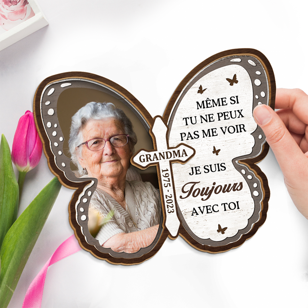 Plaque en bois avec croix et papillon - Cadeau de condoléances