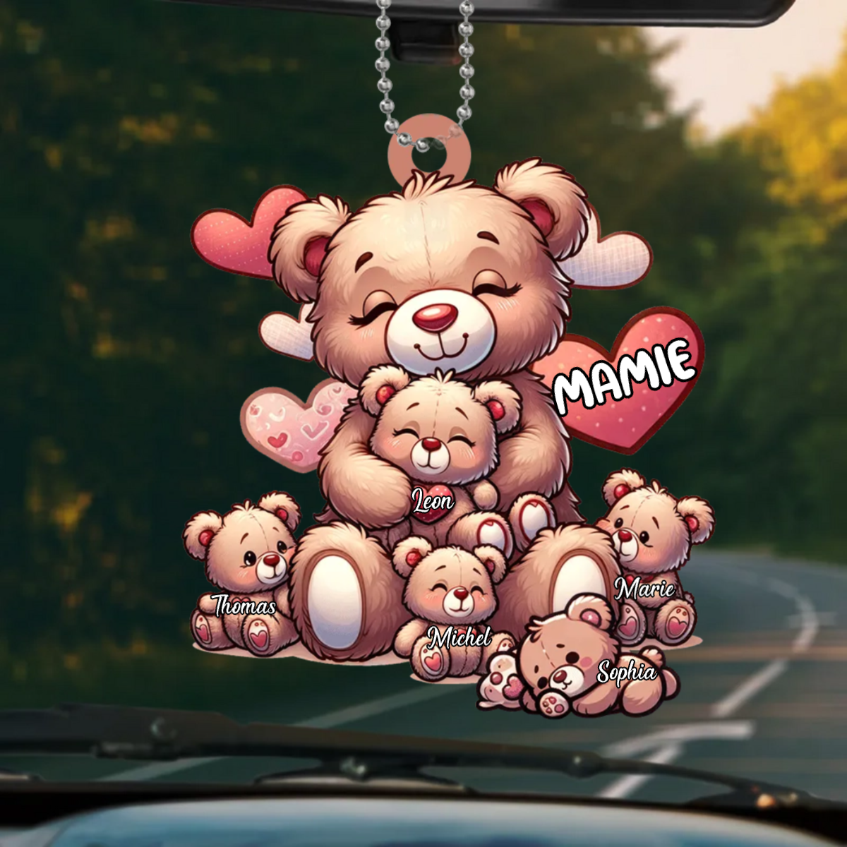 Pendentif de rétroviseur personnalisé avec ours – Cadeau pour maman et mamie