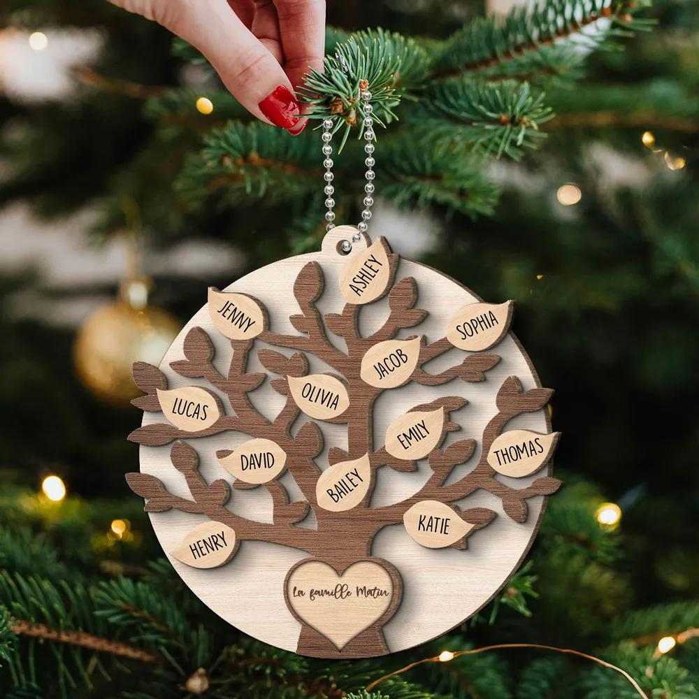 Ornement de Noël en bois - Décoration de sapin en forme d'arbre généalogique familial