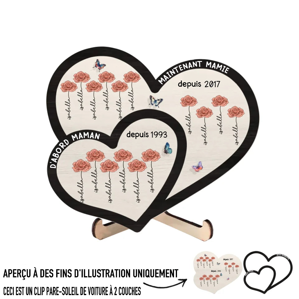 D'abord... Maintenant... Plaque en bois à double cœur personnalisée avec fleurs de naissance et noms