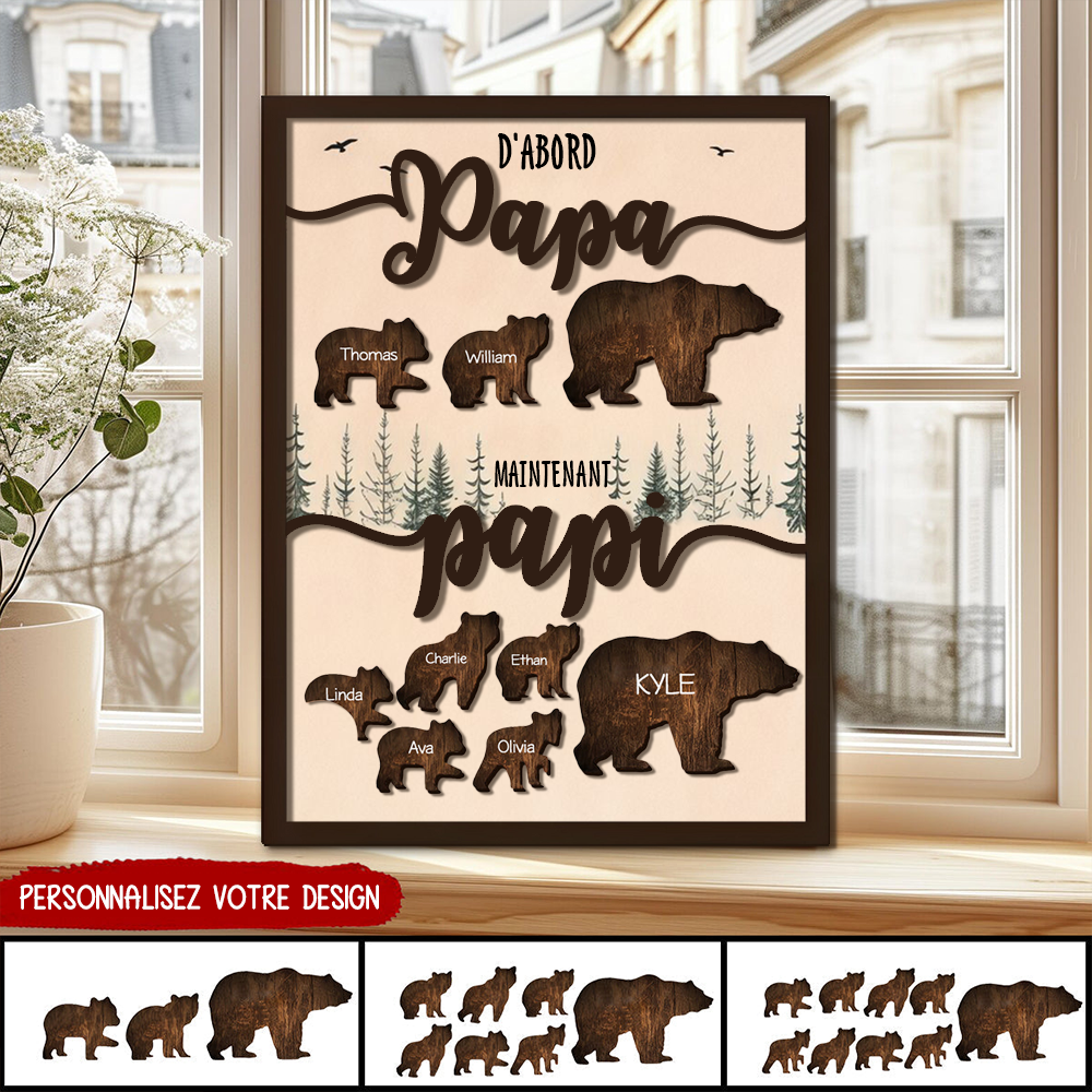 D’abord Papa, maintenant Papi – Plaque en bois personnalisée avec ours et prénoms