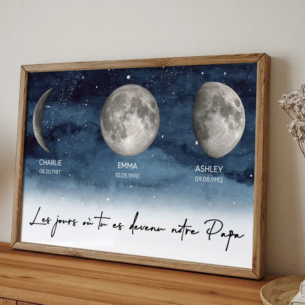 Affiche personnalisée des phases de la lune avec cadre en bois – Cadeau pour Maman et Papa