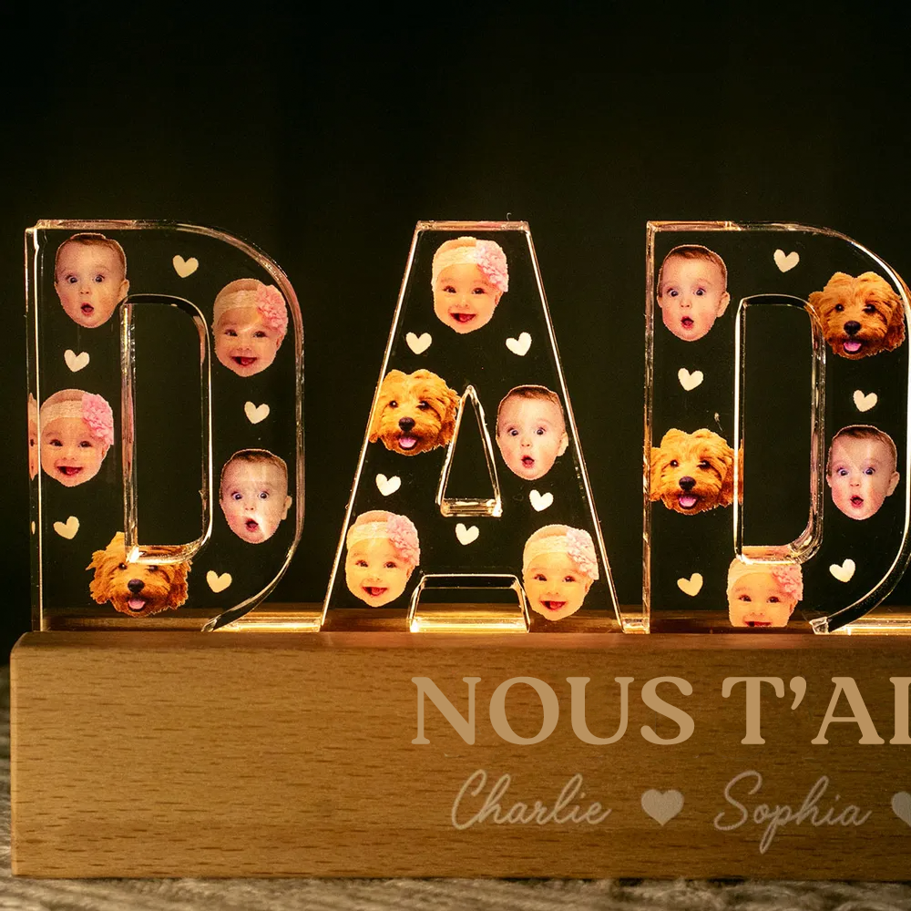 Veilleuse LED personnalisée DADDY avec visages – Cadeau pour papa