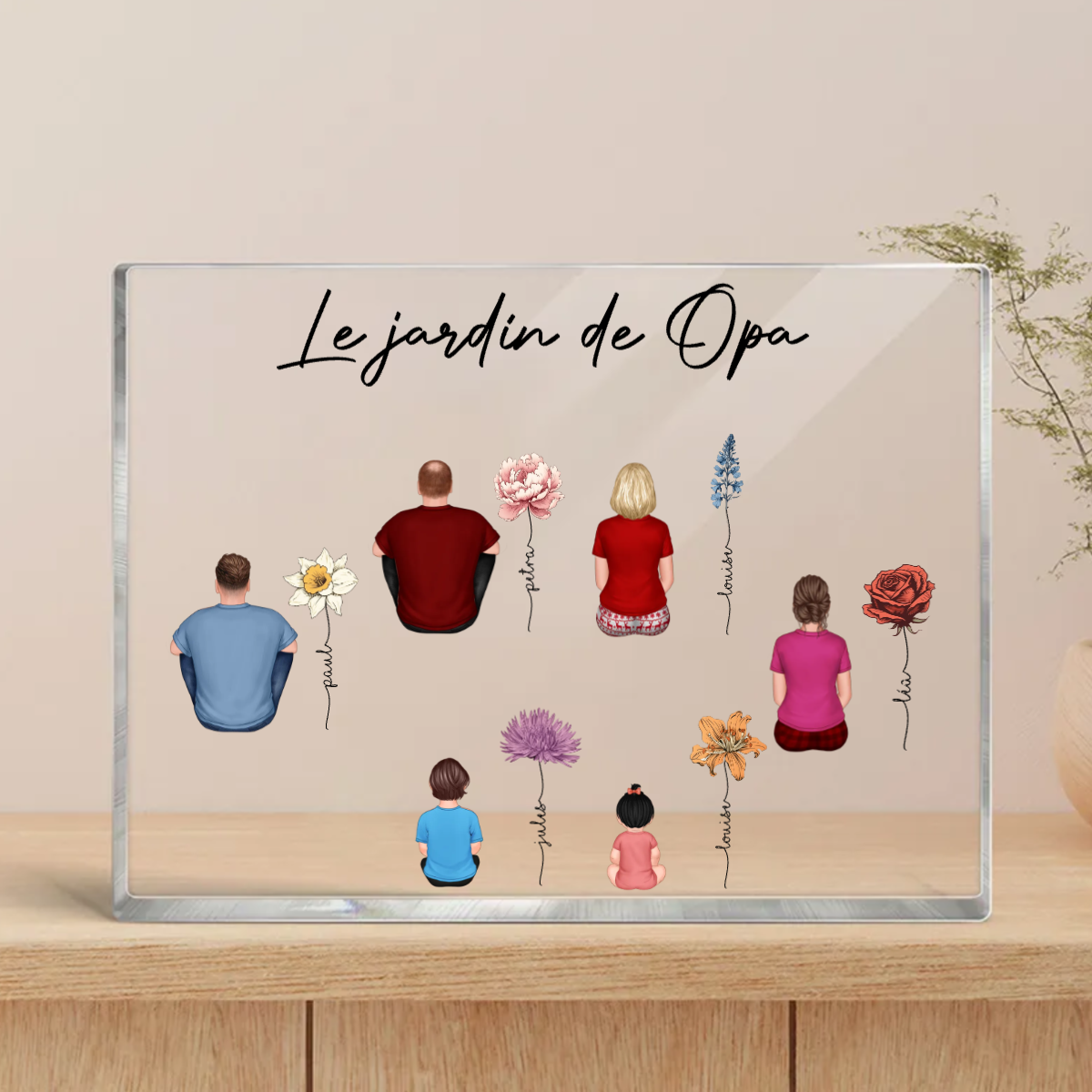 Plaque acrylique personnalisée avec 1-10 personnes, fleurs de naissance et noms