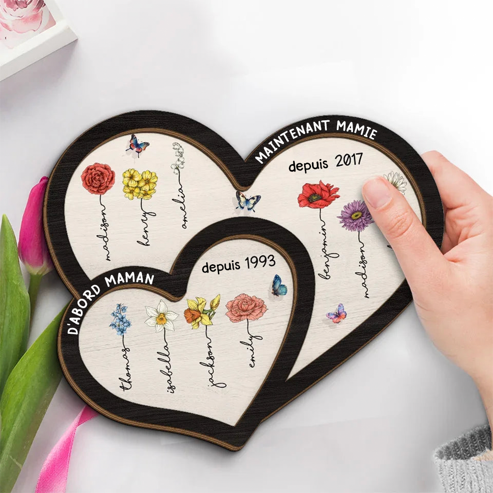 D'abord... Maintenant... Plaque en bois à double cœur personnalisée avec fleurs de naissance et noms