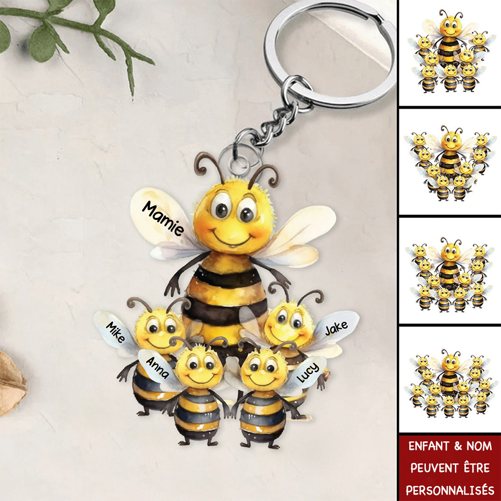 Porte-clés en acrylique "Famille d'abeilles" avec impression des deux côtés pour maman et mamie
