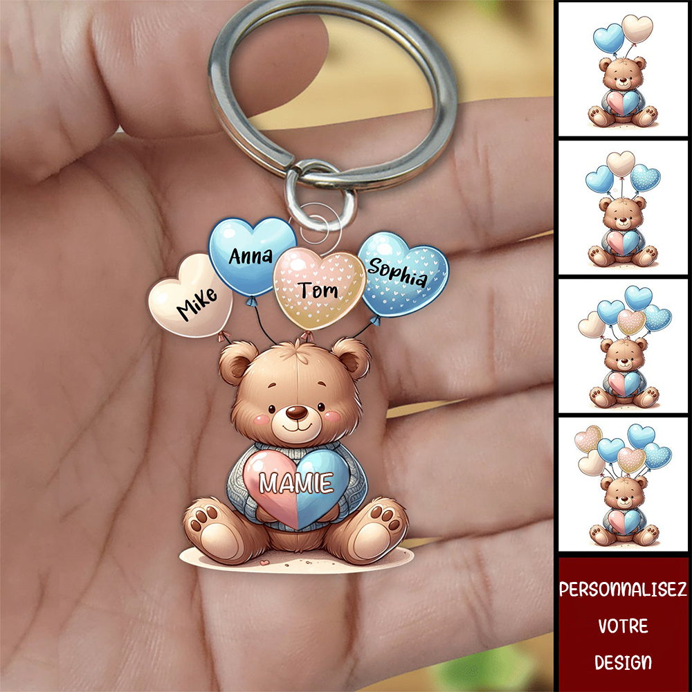Porte-clés personnalisé « Amour d'ours avec ballons en forme de cœurs ».