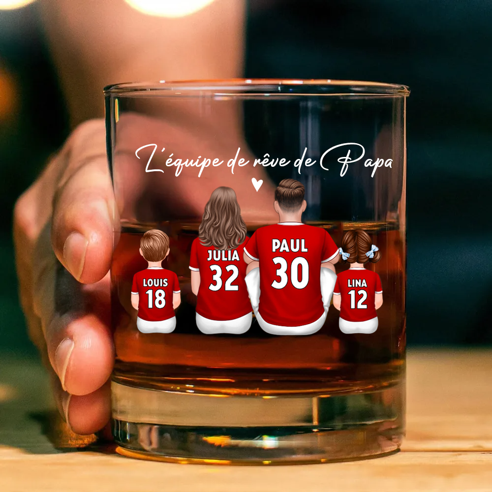 L’équipe de foot de Papa – Verre à whisky personnalisé avec 2 à 5 personnages, cadeau pour papa