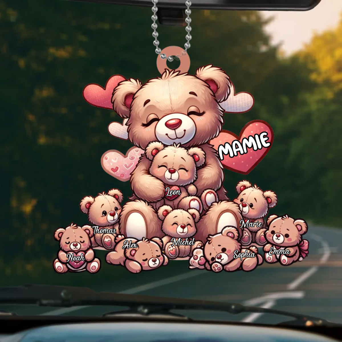 Pendentif de rétroviseur personnalisé avec ours – Cadeau pour maman et mamie