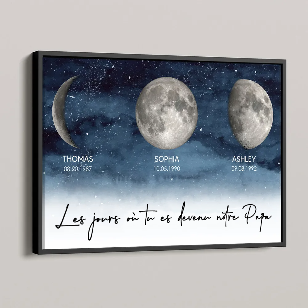 Affiche personnalisée des phases de la lune avec cadre en bois – Cadeau pour Maman et Papa