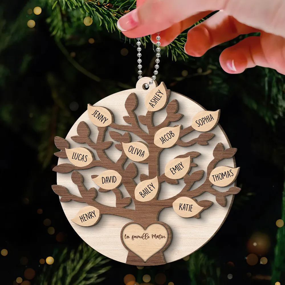 Ornement de Noël en bois - Décoration de sapin en forme d'arbre généalogique familial