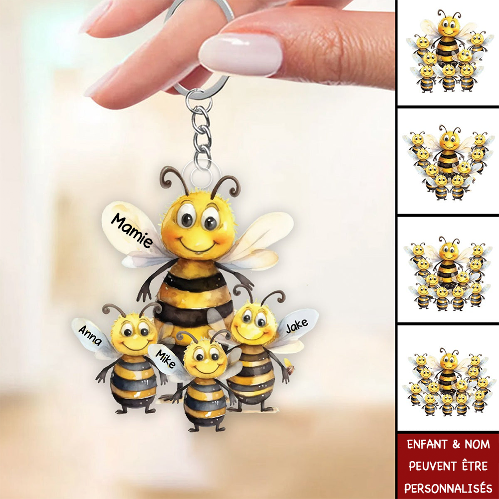 Porte-clés en acrylique "Famille d'abeilles" avec impression des deux côtés pour maman et mamie
