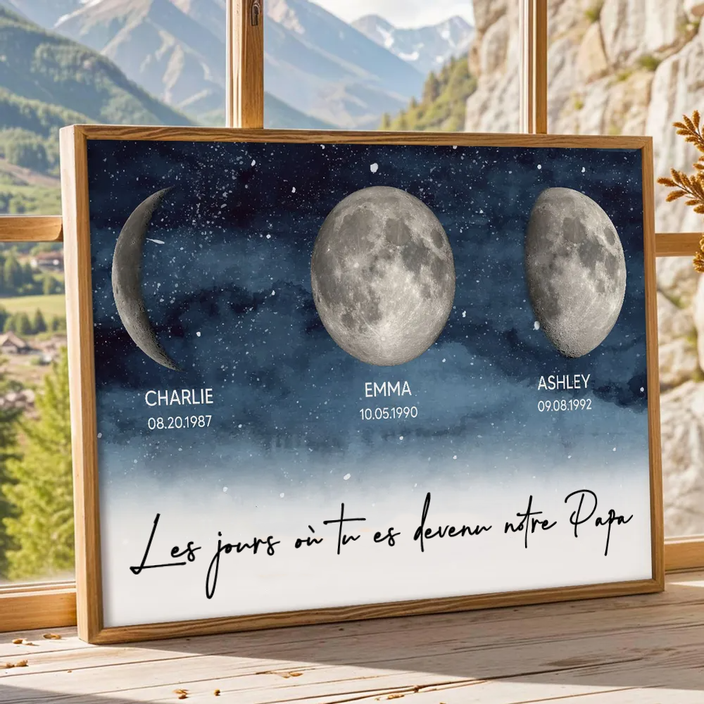 Affiche personnalisée des phases de la lune avec cadre en bois – Cadeau pour Maman et Papa