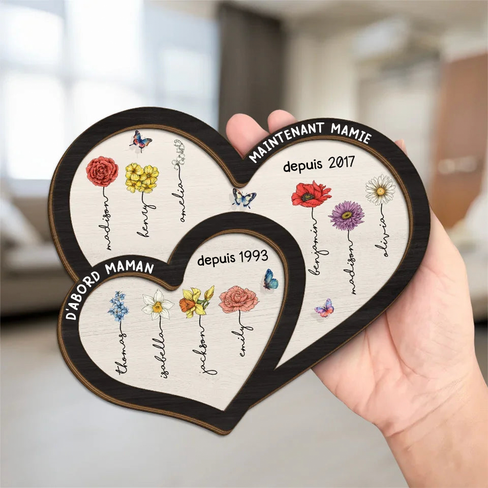 D'abord... Maintenant... Plaque en bois à double cœur personnalisée avec fleurs de naissance et noms
