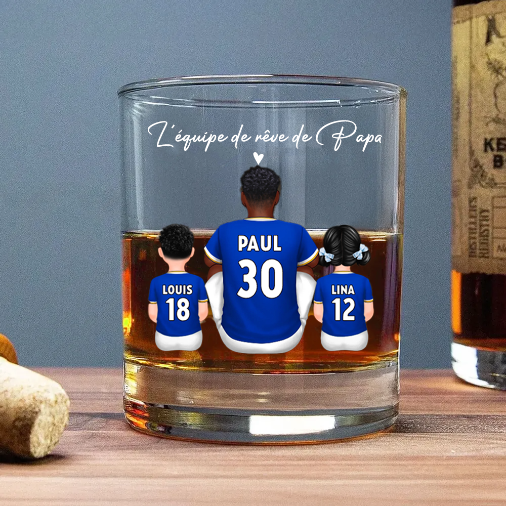 L’équipe de foot de Papa – Verre à whisky personnalisé avec 2 à 5 personnages, cadeau pour papa