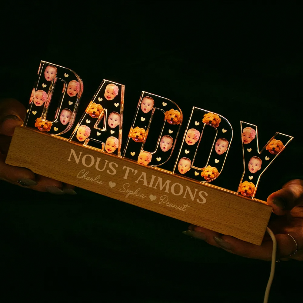 Veilleuse LED personnalisée DADDY avec visages – Cadeau pour papa