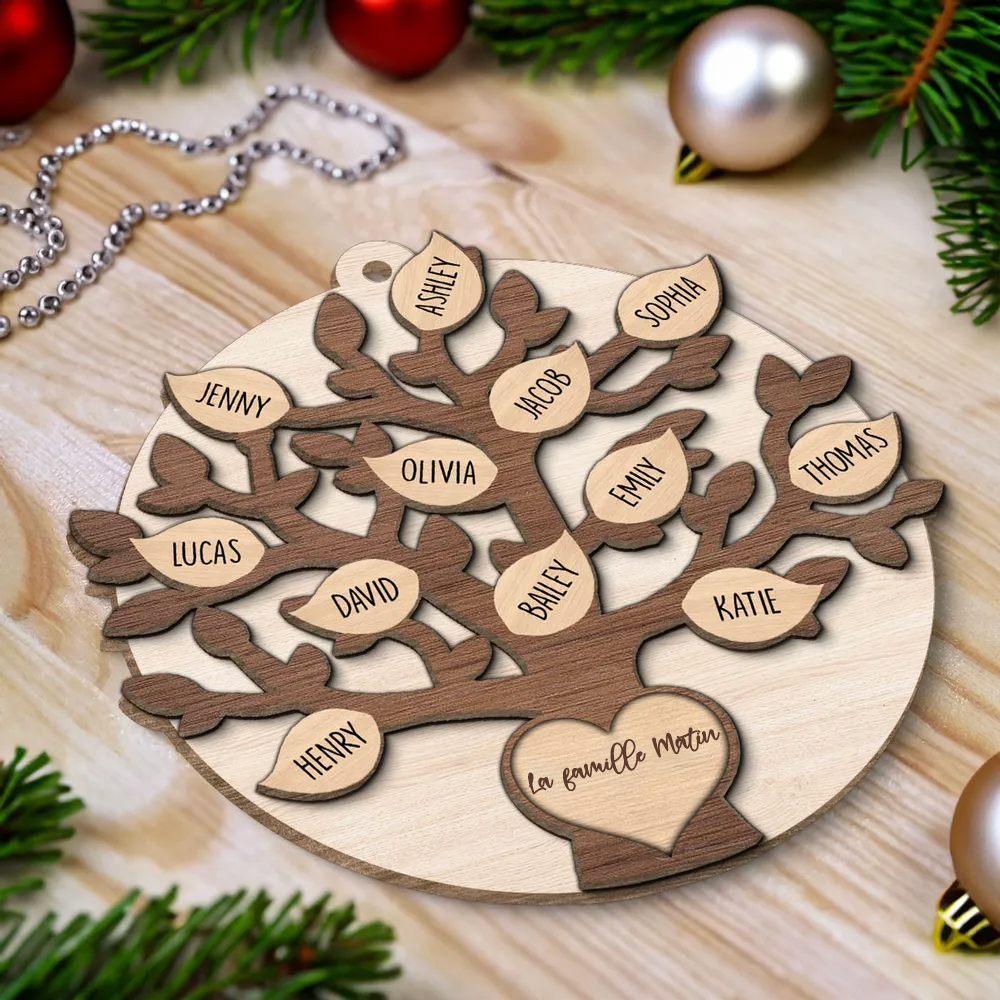 Ornement de Noël en bois - Décoration de sapin en forme d'arbre généalogique familial