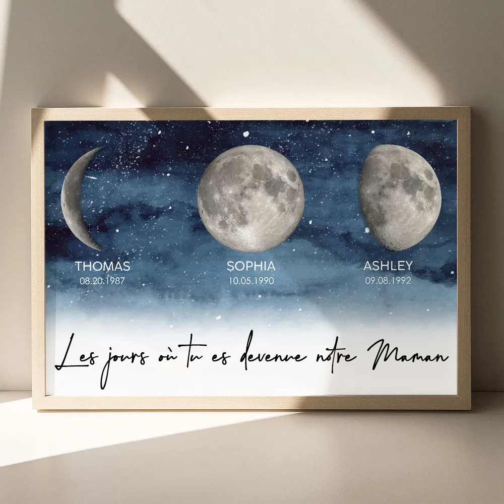 Affiche personnalisée des phases de la lune avec cadre en bois – Cadeau pour Maman et Papa