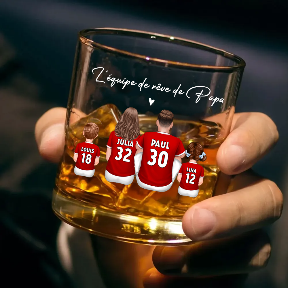L’équipe de foot de Papa – Verre à whisky personnalisé avec 2 à 5 personnages, cadeau pour papa