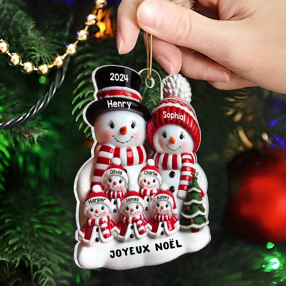 Famille Bonhomme de neige effet brillant Décoration de Noël - Pendentif personnalisé en acrylique