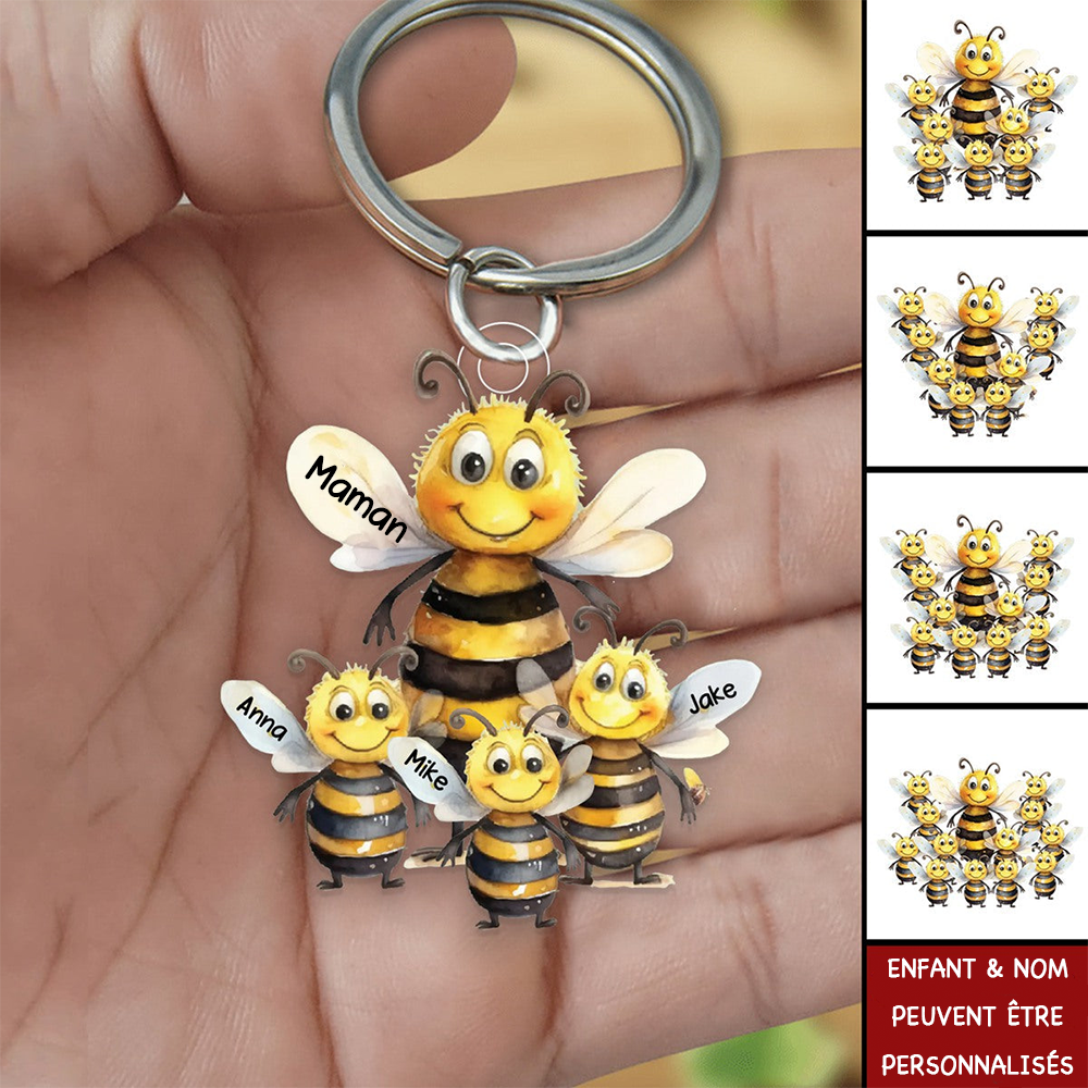 Porte-clés en acrylique "Famille d'abeilles" avec impression des deux côtés pour maman et mamie