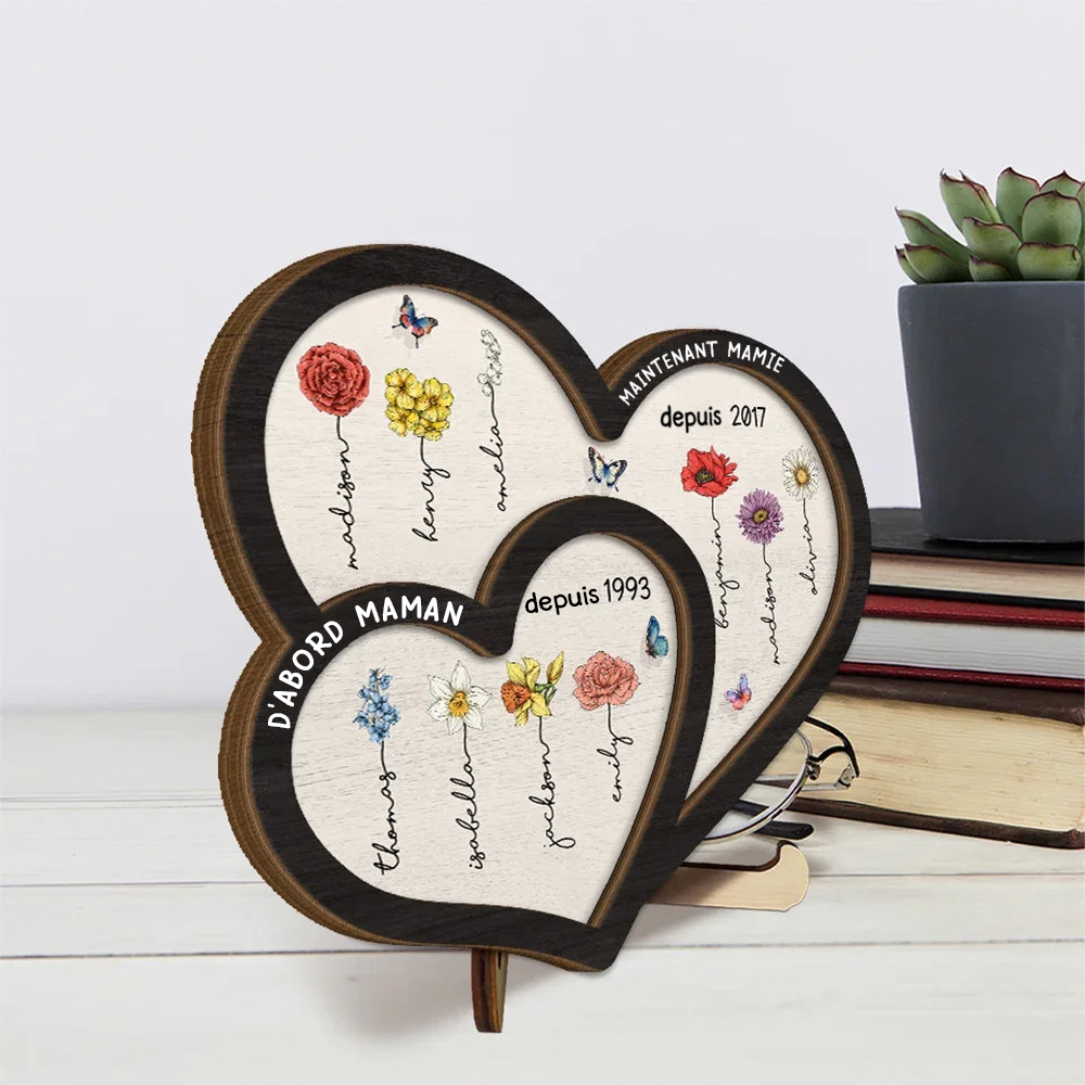 D'abord... Maintenant... Plaque en bois à double cœur personnalisée avec fleurs de naissance et noms