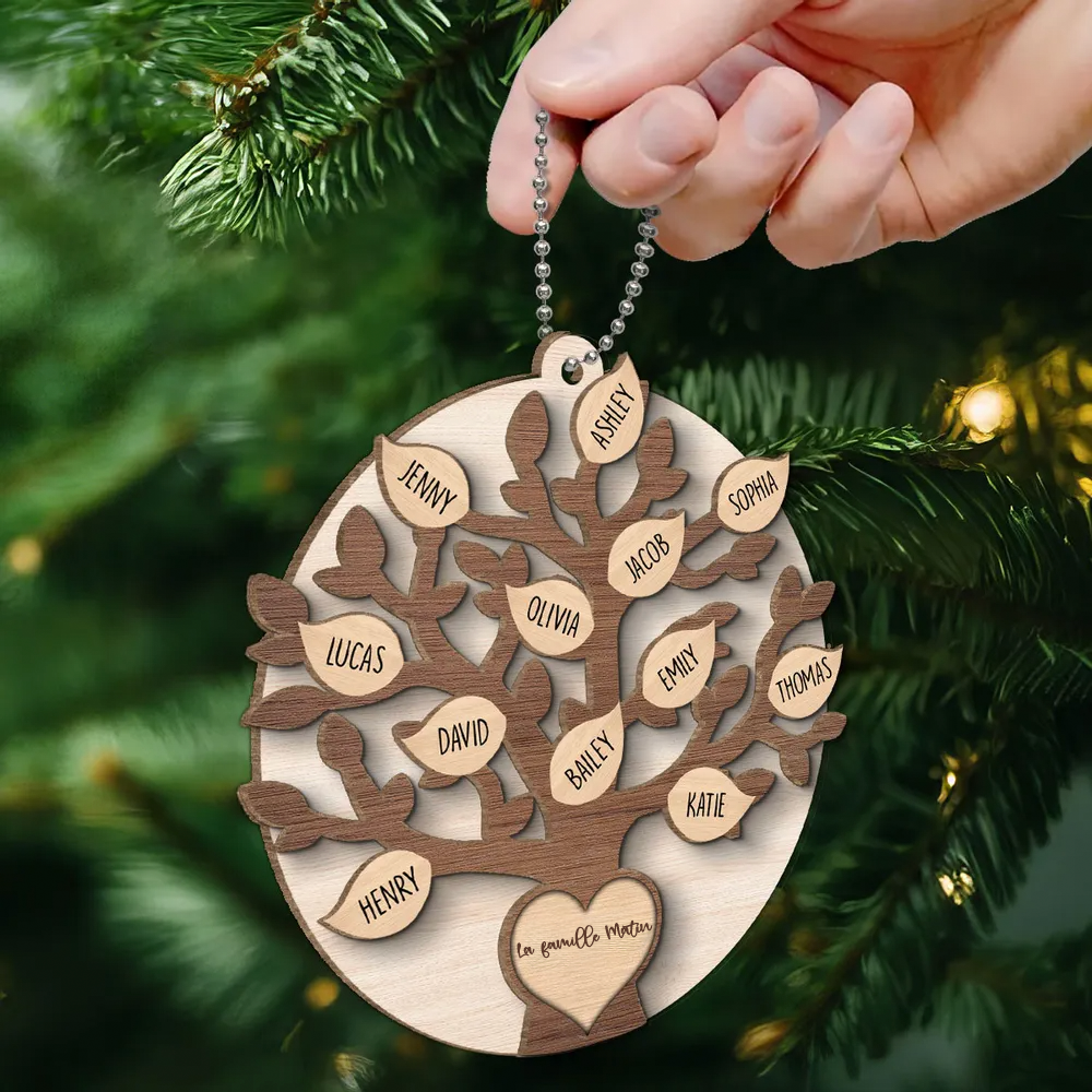 Ornement de Noël en bois - Décoration de sapin en forme d'arbre généalogique familial