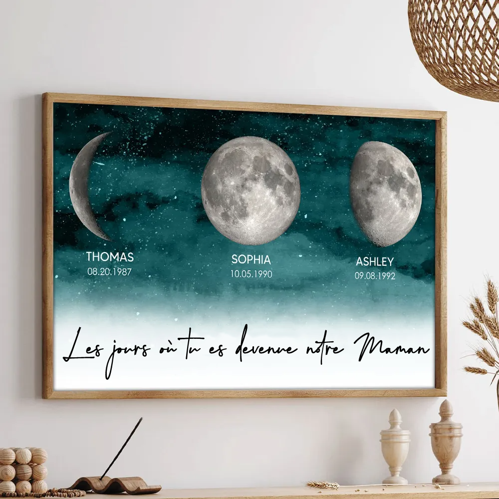 Affiche personnalisée des phases de la lune avec cadre en bois – Cadeau pour Maman et Papa