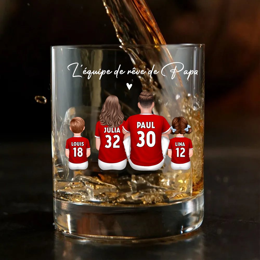 L’équipe de foot de Papa – Verre à whisky personnalisé avec 2 à 5 personnages, cadeau pour papa