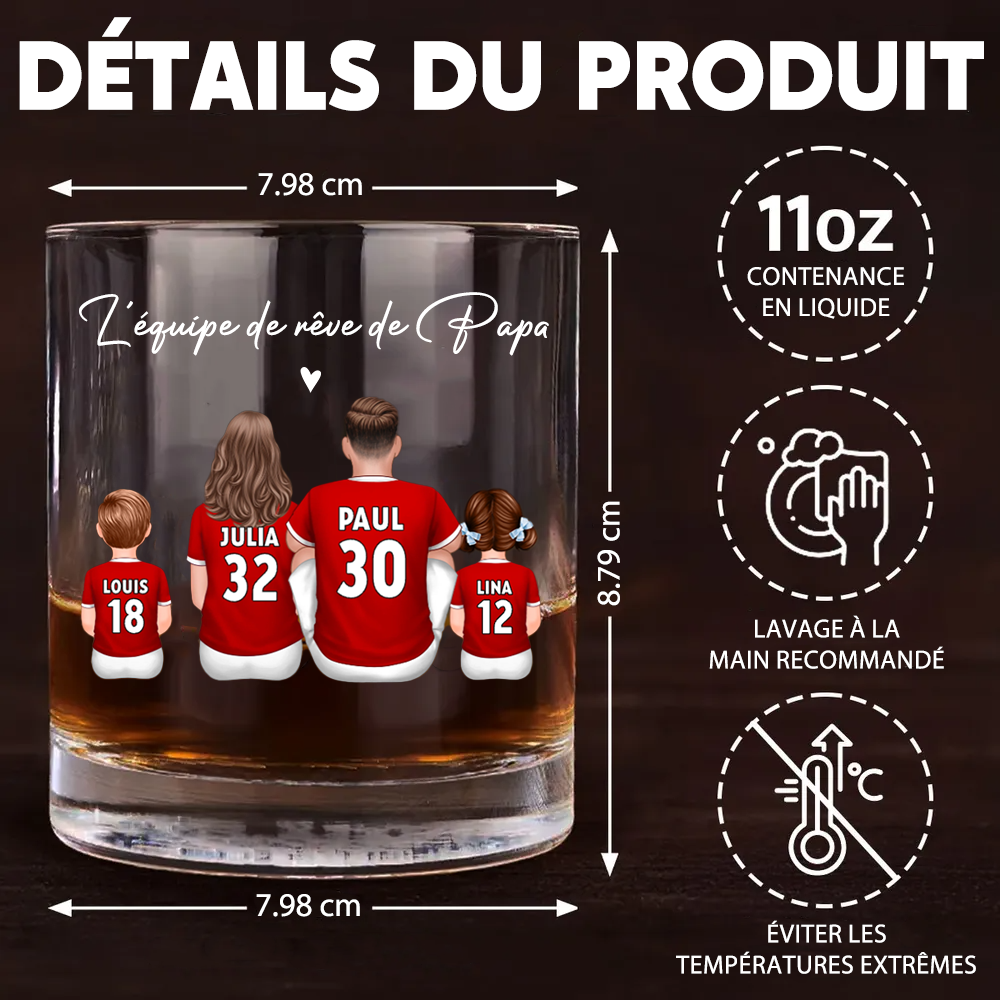 L’équipe de foot de Papa – Verre à whisky personnalisé avec 2 à 5 personnages, cadeau pour papa
