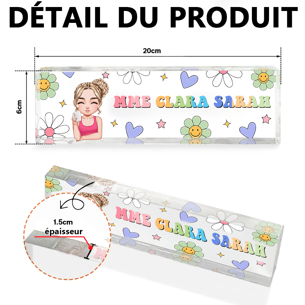 Plaque de bureau personnalisée pour enseignant – Motif crayon