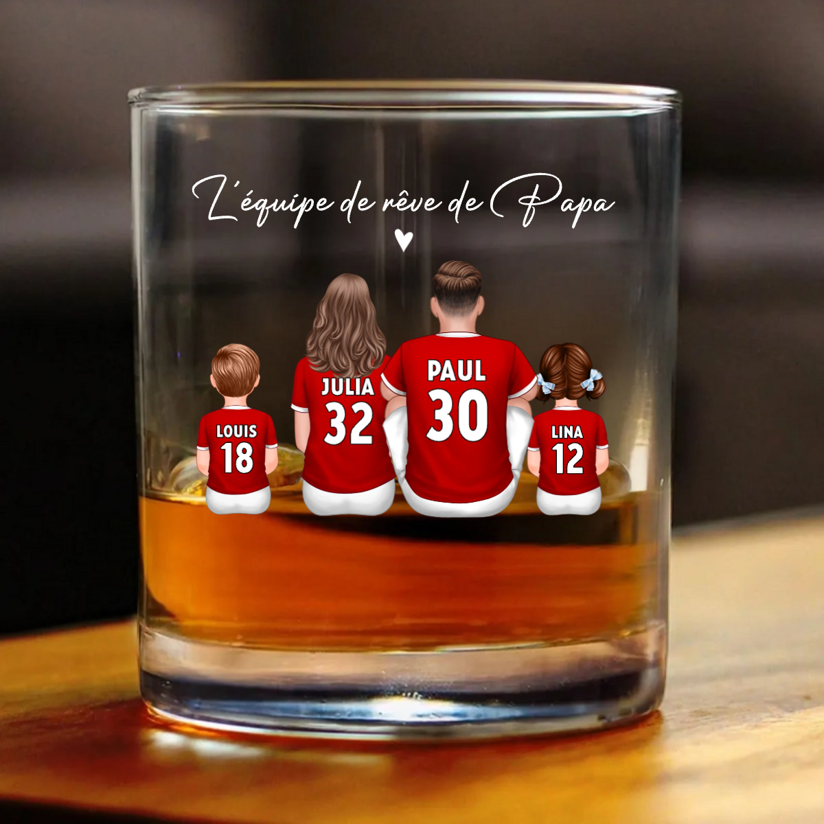 L’équipe de foot de Papa – Verre à whisky personnalisé avec 2 à 5 personnages, cadeau pour papa