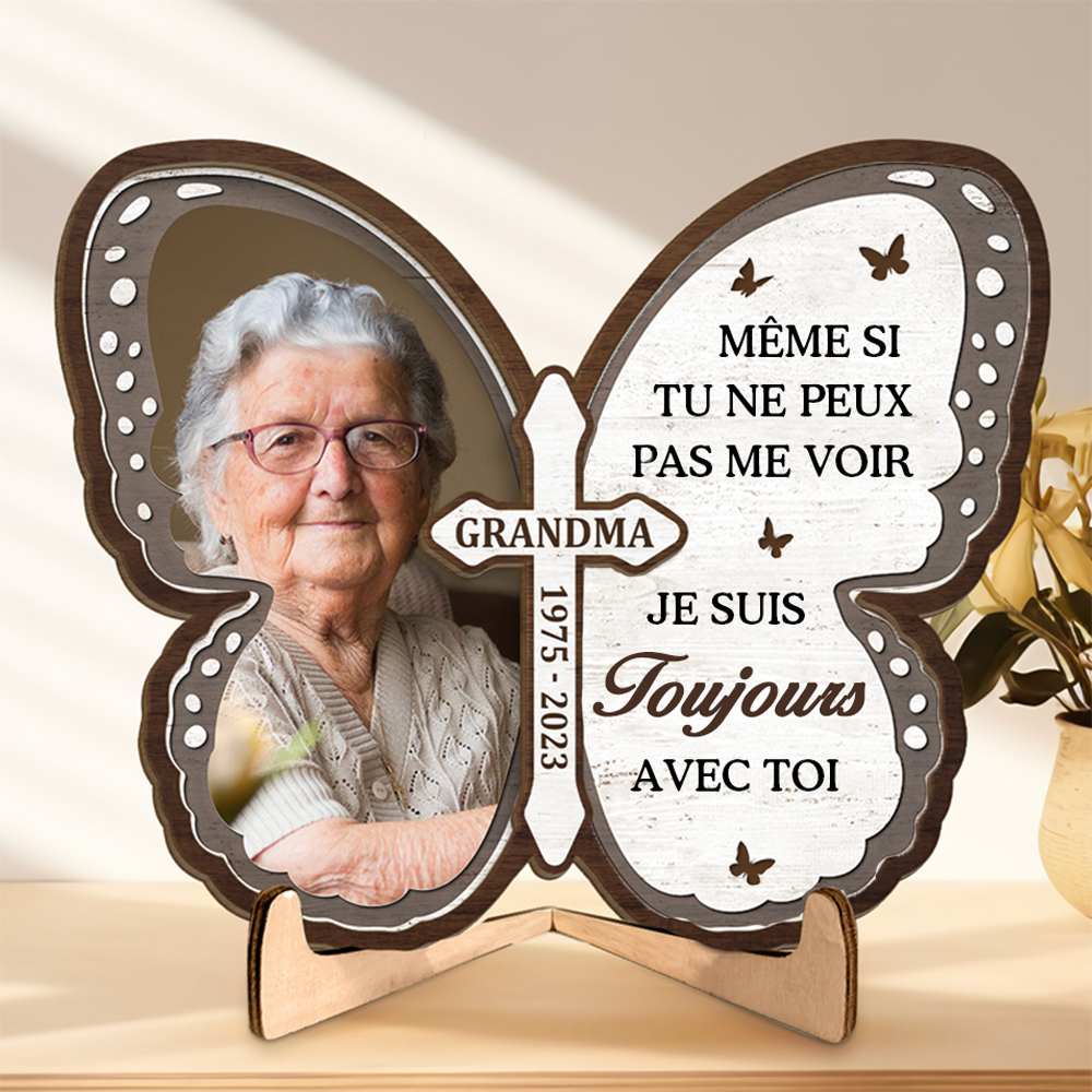 Plaque en bois avec croix et papillon - Cadeau de condoléances