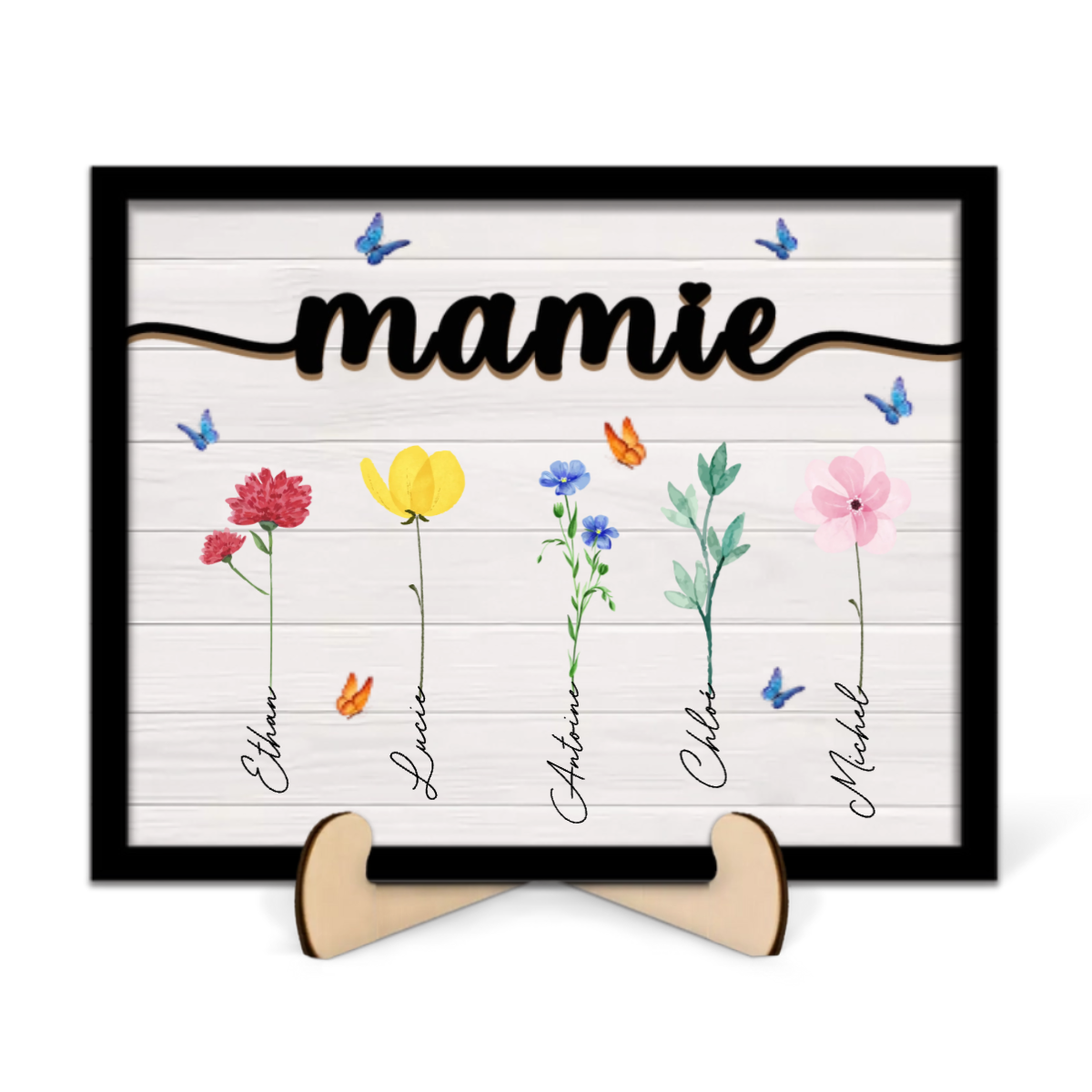 Tableau en bois personnalisé avec fleurs et noms pour grand-mère, grand-père, maman et papa