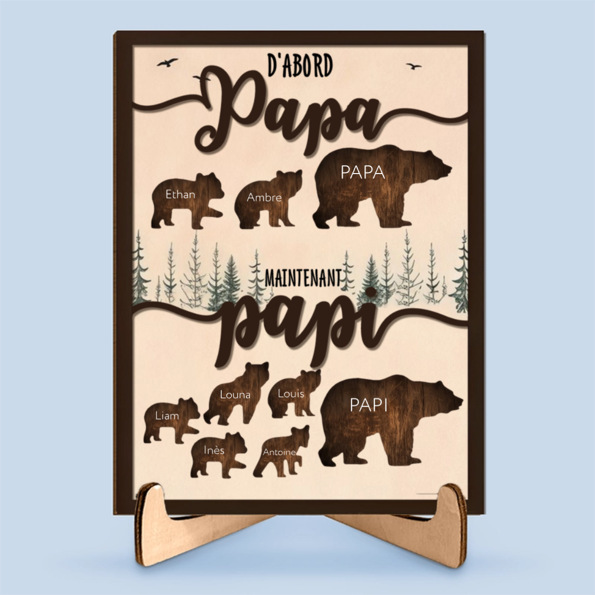 D’abord Papa, maintenant Papi – Plaque en bois personnalisée avec ours et prénoms