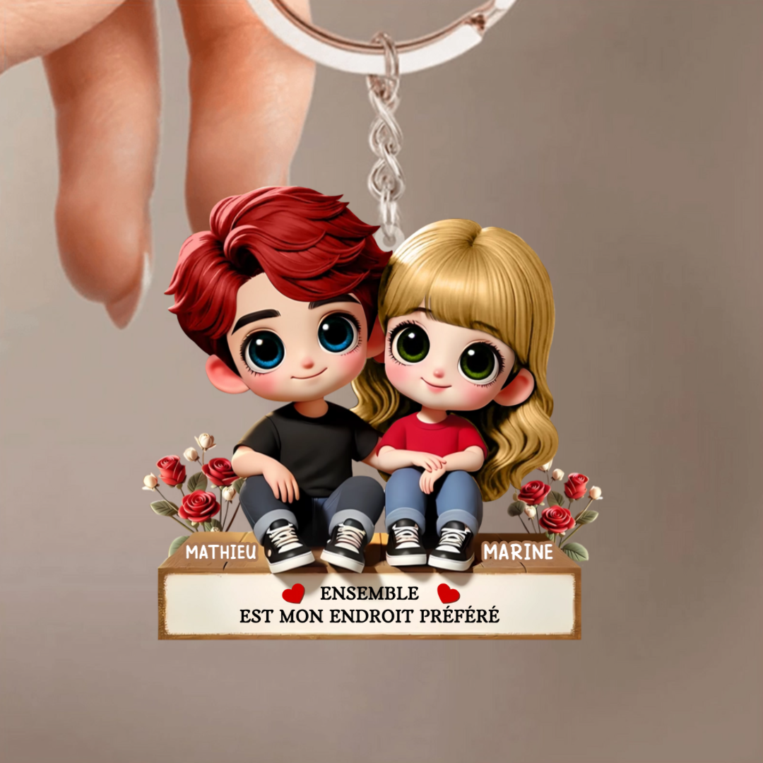 Porte-clés acrylique personnalisé avec illustration cartoon – Cadeau pour couple