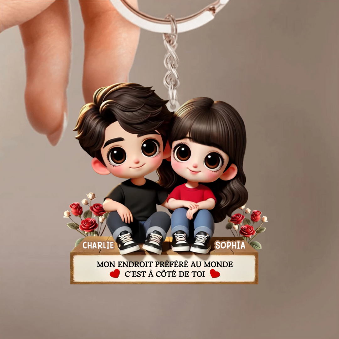 Porte-clés acrylique personnalisé avec illustration cartoon – Cadeau pour couple