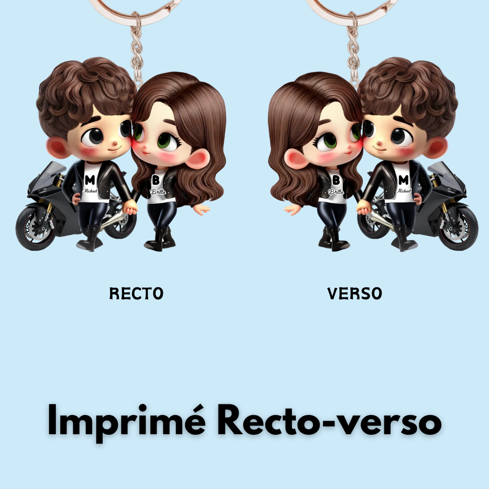 Porte-clés en acrylique Couple à moto – Cadeau pour couple