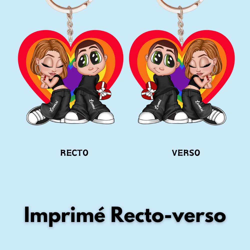 Porte-clés acrylique personnalisé cœur arc-en-ciel – Cadeau pour couple LGBT