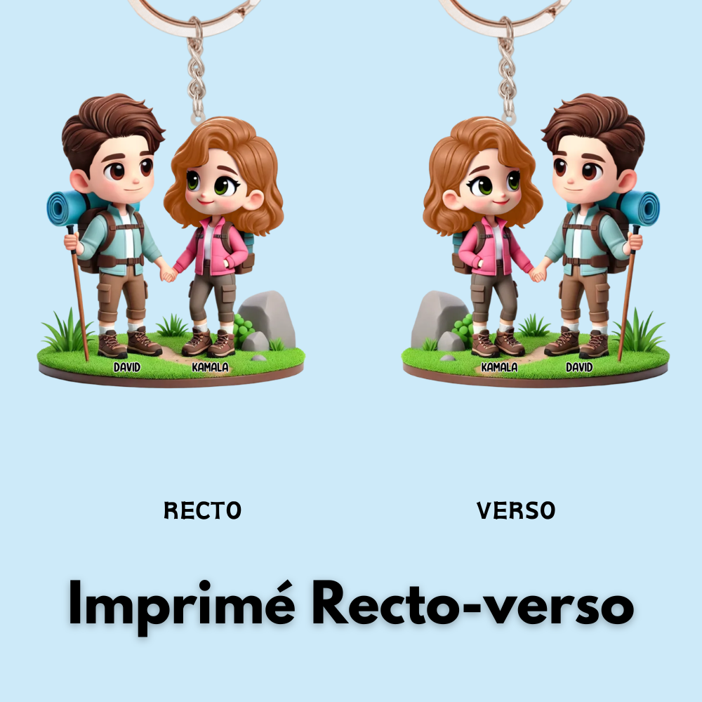 Porte-clés en acrylique « Couple camping » personnalisé avec noms, cadeau pour couple