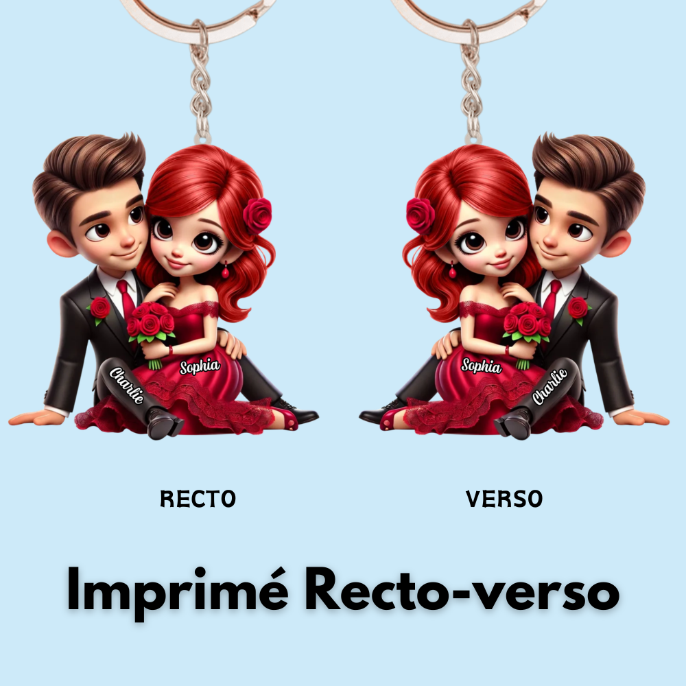 Couple avec bouquet de roses – Porte-clé en acrylique personnalisé, cadeau pour couple