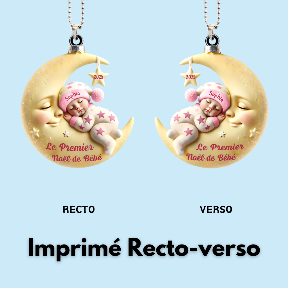 Premier Noël de bébé – Ornement acrylique personnalisé « Bébé sur lune »