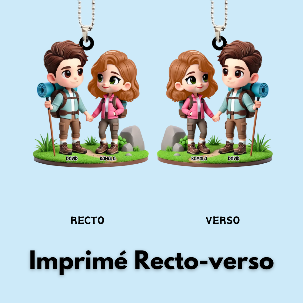 Pendentif en acrylique « Couple camping » personnalisé avec noms, cadeau pour couple